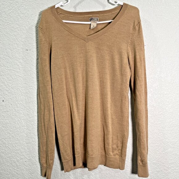 Duluth Trading Sweater Womens M Camel V Neck Merino Wool Knit Pullover Preppy - Picture 1 of 7